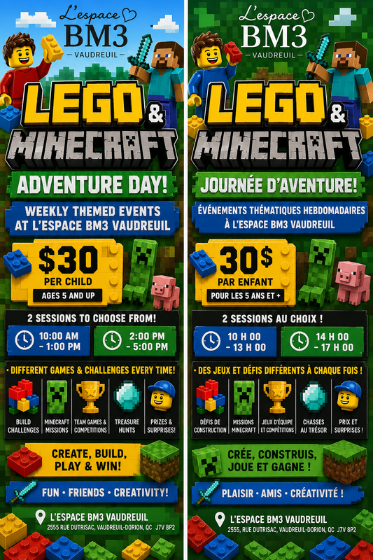 Le Club du dimanche de L’espace BM3 – Session 2 : Activité Minecraft et Lego  L'espace BM3's Sunday Club Session 2: Minecraft and Lego activities
