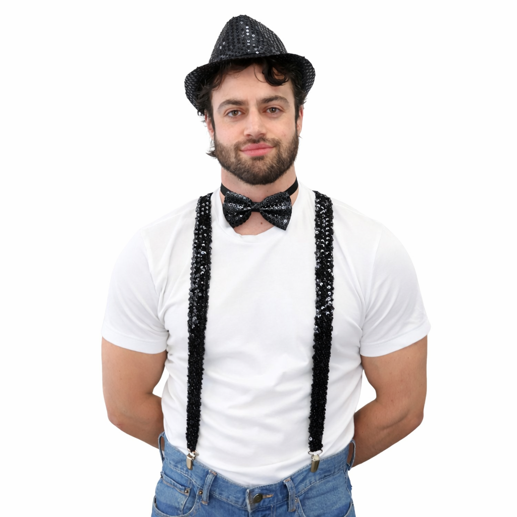 Black bow tie and suspenders